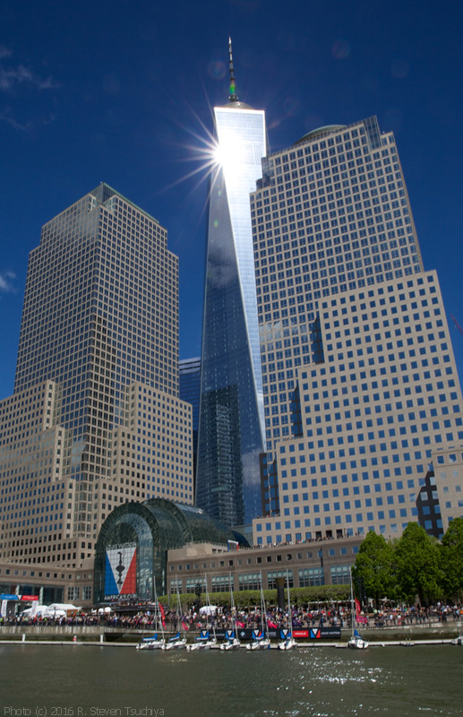 The America's Cup Village was at Brookfield Place, one block west of the World Trade Center, including the new 1,776-foot-tall Freedom Tower. Rooftop terraces were VIP viewing spots. Photo:©2016 R. Steven Tsuchiya