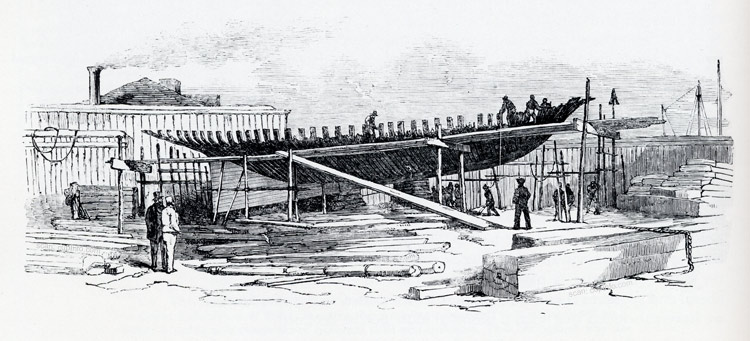 America under construction in New York.  This image appeared in the Illustrated London News March 15, 1851, five months before she raced at Cowes.