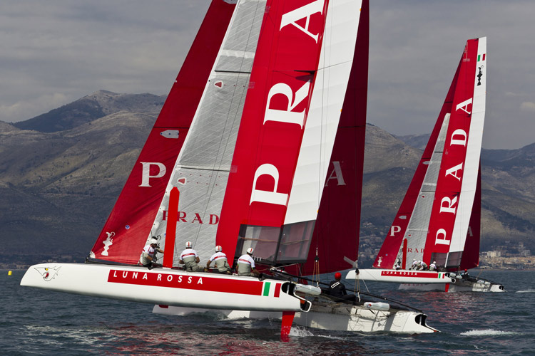 Luna Rossa Challenge 2013 readies their AC45s for the ACWS in Naples.  Photo:2012 Carlo Borlenghi