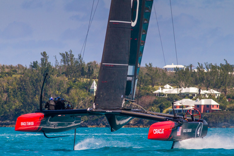 Oracle Team USA's AC45S taking flight in Bermuda.  Image:2015 Oracle Team USA