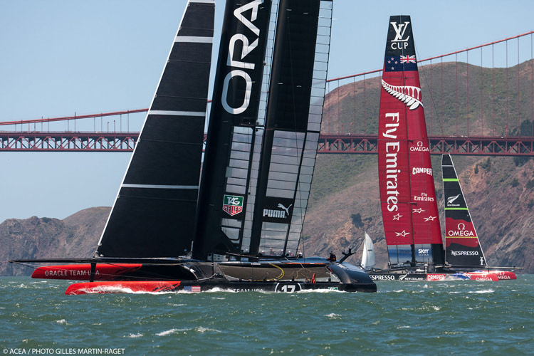 Oracle Team USA and Emirates Team New Zealand training in San Francisco.  Photo:2013 ACEA/Gilles Martin-Raget