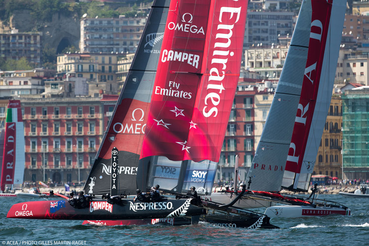 ETNZ looking at the sharp end of Luna Rossa Swordfish. Their collision brought a penalty that cost ETNZ the lead, but ensuing damage lead to a DNF for LRS in the second Fleet Race.  Click image for Day 2 Team Statements. Photo:2013 ACEA/Gilles Martin-Raget