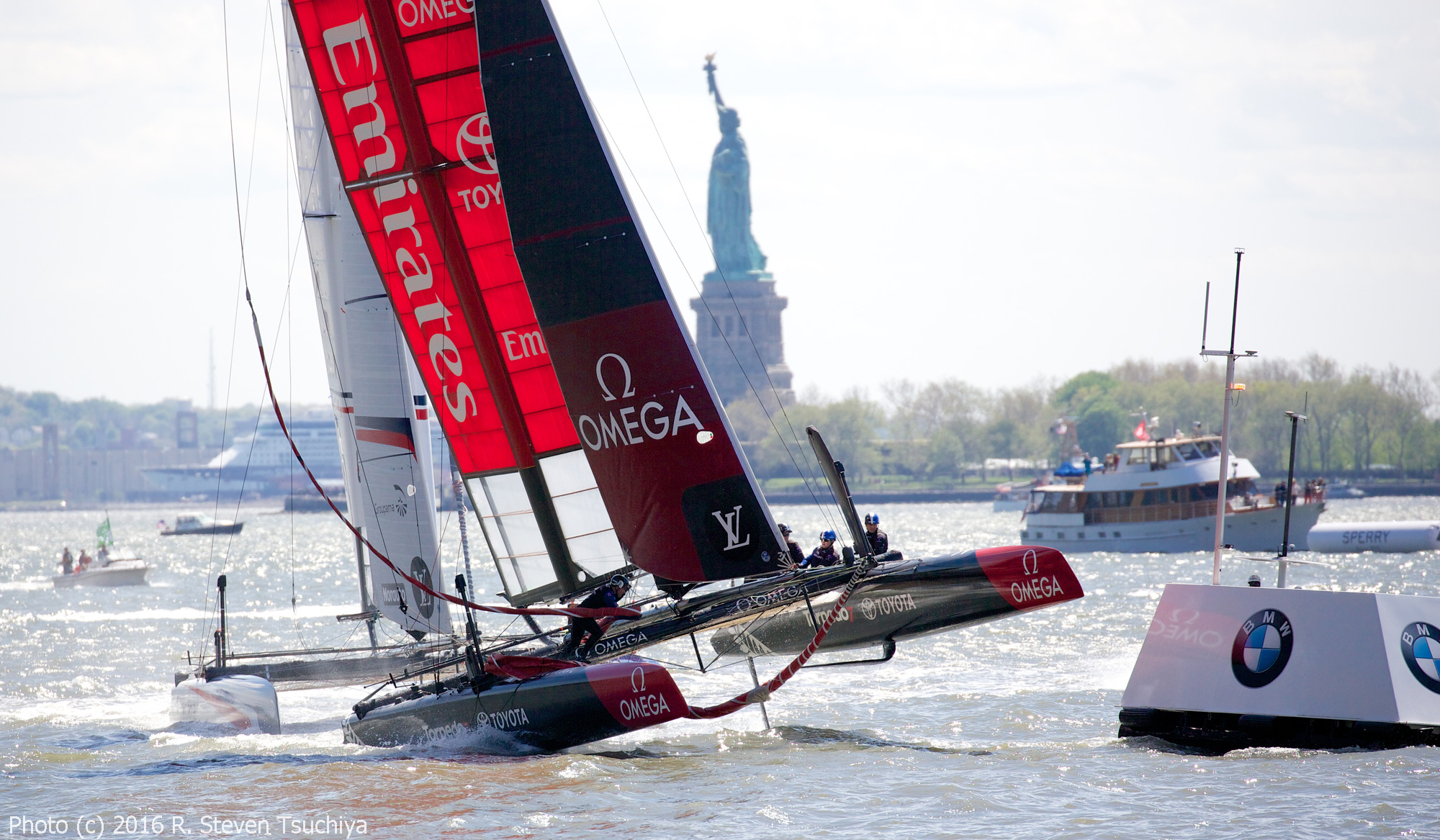 Emirates Team New Zealand finished first in Race 3, and third in the earlier two races, winning the regatta and keeping their lead in the overall points standings.  Photo:©2016 R. Steven Tsuchiya