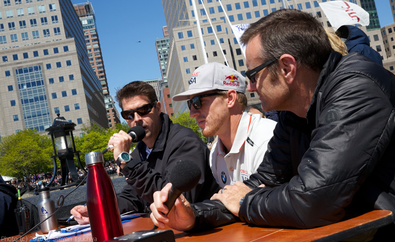 Tucker Thompson, left, hosted the Dockout Show for spectators in the America's Cup Village.  At right is Nick Holroyd, Technical Director at Softbank Team Japan (formerly with ETNZ).